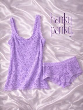 Hanky Panky Signature Lace Camisole & Boyshort Set Lavender M USA Made Y2K